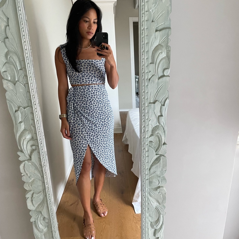 Reformation Blue and White Floral Skirt Set